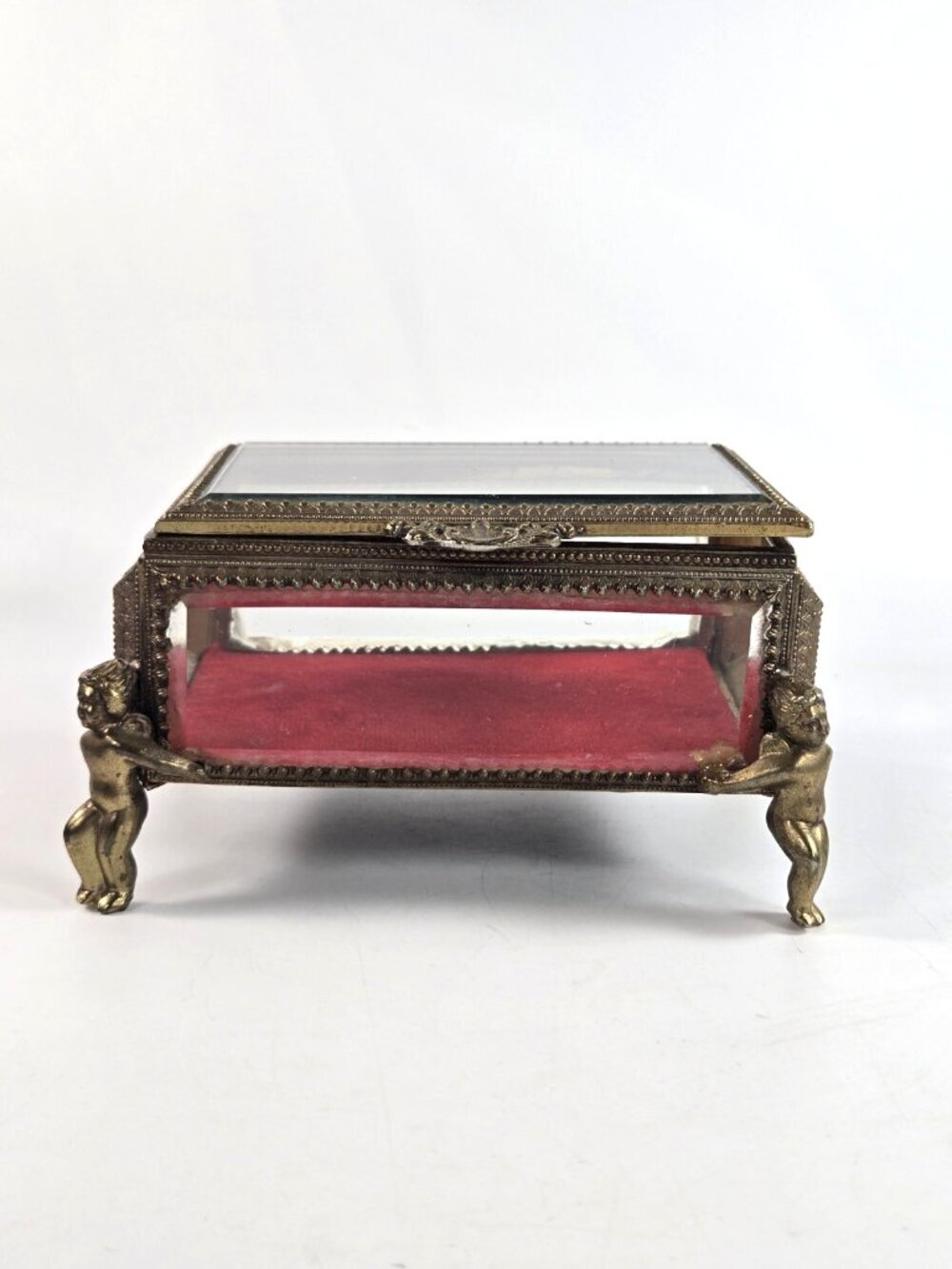 Antique Victorian Glass and Brass Jewelry Casket Trinket Box Cherub Footed